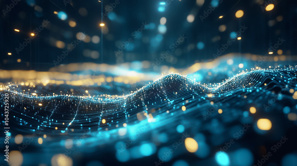 Poster an intricate visualization showcases the flow of data between devices in a futuristic digital enviro