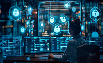 Fototapeta premium Concepto Protección digital Evaluación de las tendencias de los datos de ciberseguridad y mitigación de los riesgos 