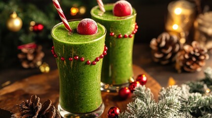 Healthy Christmas food idea featuring green smoothies adorned with festive decorations