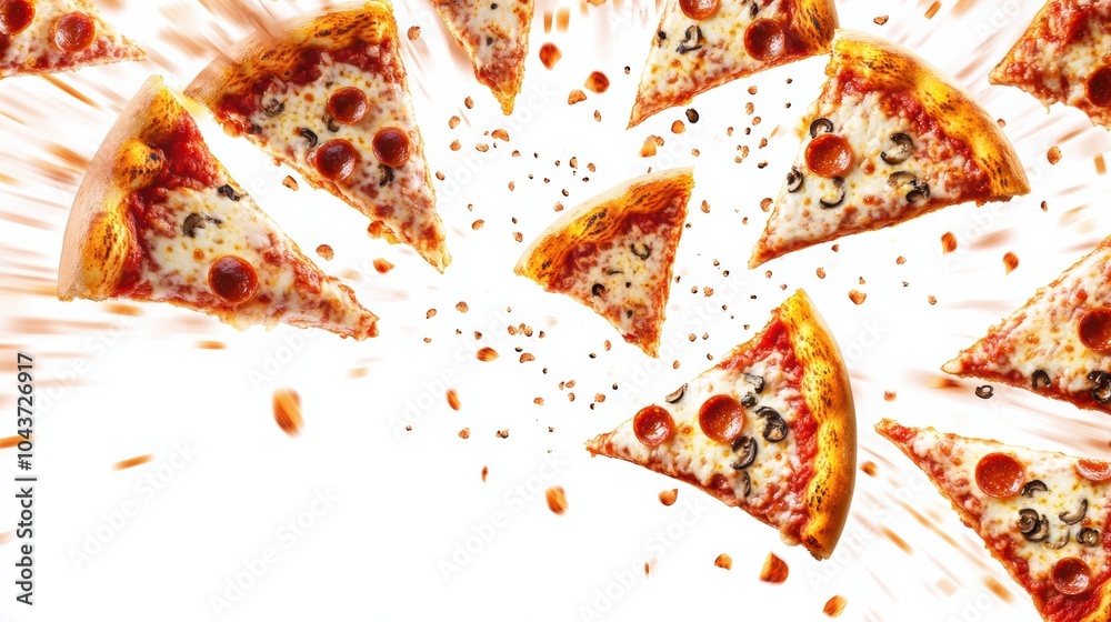 Poster Delicious pizza slices are dynamically flying across a white background, creating a lively atmosphere perfect for food-related text. Generative AI