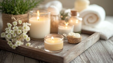 Aromatic spa ambiance with candles and natural treatments on a wooden tray promoting relaxation and wellness in a tranquil setting