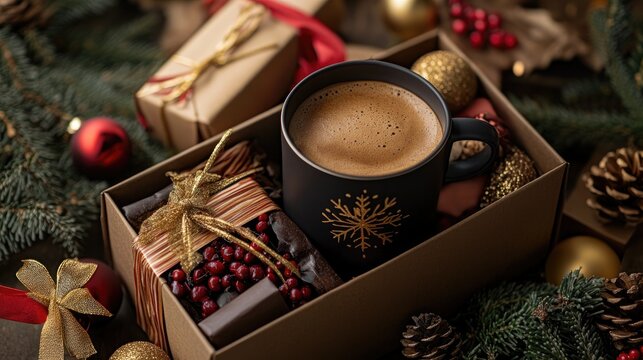 Elegant Christmas gift box featuring a coffee cup ornament and culinary delights Ideal for food enthusiasts and gourmet lovers suitable for both corporate and personal gifting
