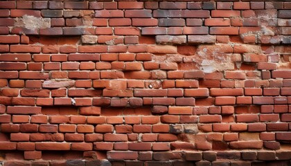 Close-up of an Aged and Weathered Red Brick Wall with Cracks, Erosion, and Uneven Brickwork. Ideal...