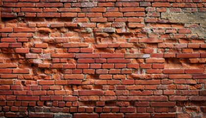 Obraz premium Close-up of an Aged and Weathered Red Brick Wall with Cracks, Erosion, and Uneven Brickwork. Ideal for Concepts of Urban Decay, Historical Architecture, and Industrial Texture Backgrounds