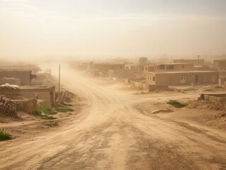 A quiet, rural village with simple buildings and a sandy road, enveloped in dust and haze, creating a serene desert atmosphere.