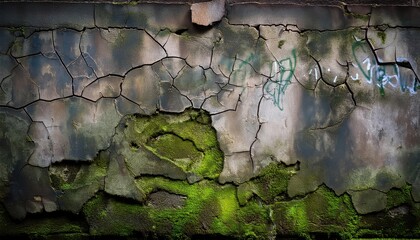 Fototapeta premium Weathered Concrete Wall with Deep Cracks and Lush Moss Growth Symbolizing the Intersection of Urban Decay and Nature’s Persistence in Reclaiming Space Through Time and Environmental Exposure
