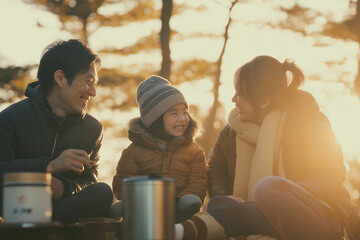 Happy family enjoying outdoor time together in warm sunlight