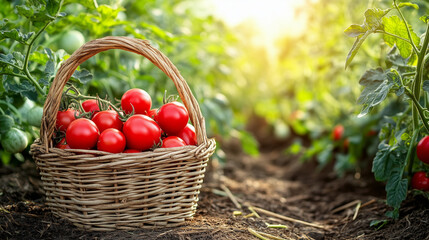 Basket of fresh red tomatoes in a lush vegetable garden illuminated by soft sunlight