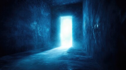 A shimmering portal emanates radiant light in a dark room enticing brave souls to explore and challenge their perception of reality