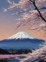 Mount Fuji framed by blooming cherry blossoms featuring vibrant pinks and soft whites of the cherry blossoms