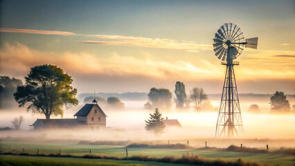 Sunrise at a Windmill in a Misty Countryside Field