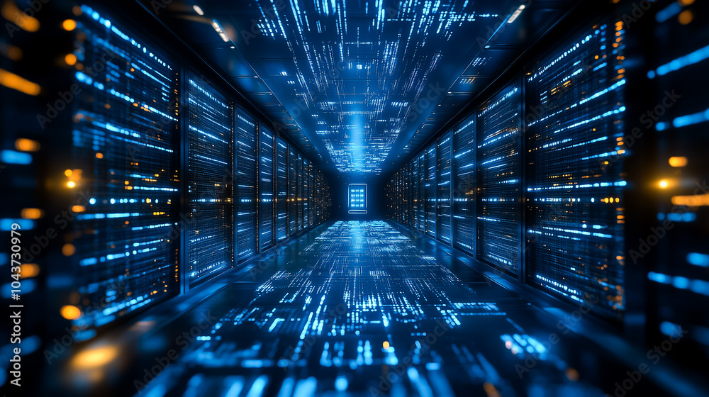 Poster A dynamic flow of data is depicted as glowing lines connect various digital devices in a high-tech setting