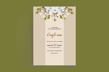 WEDDING INVITATION FRAME WITH FLOWER DECORATIONS AND FRESH LEAVES