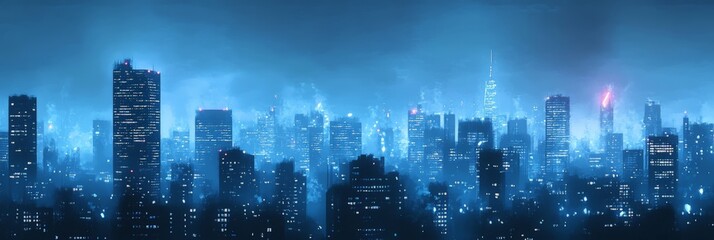 Obraz premium Night Cityscape with Fog and Neon Lights