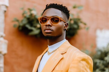 Stylish man in a pastel yellow jacket wearing sunglasses standing confidently with a backdrop of...