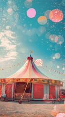 The vibrant digital illustration features a circus tent on a beach bike and colorful sky effects. The scene exudes a festive, dreamy circus atmosphere.