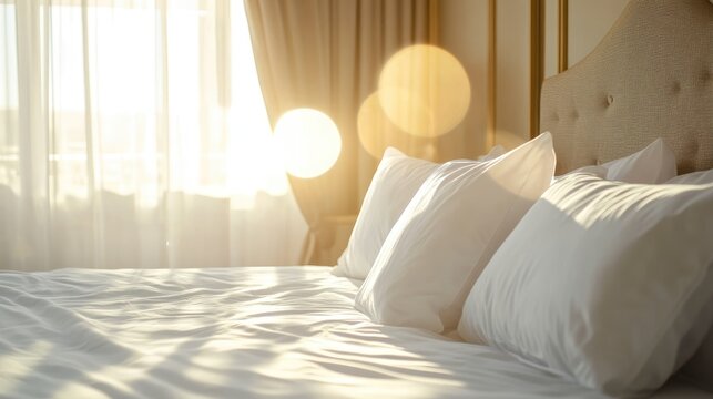Close up of a neatly made bed featuring crisp white pillows and sheets in a beautifully arranged room enhanced by sunlight lens flare