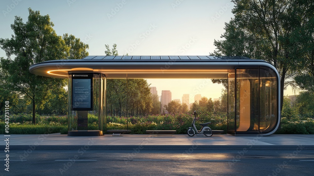 Poster a contemporary bus stop features a curved structure and large glass panels, set against the backdrop