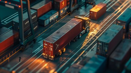 A night scene at a transportation hub with a red truck and containers under streetlamp light. Miniature diorama feel with distorted perspective.