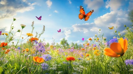 Obraz premium Meadow filled with blooming flowers and fluttering butterflies