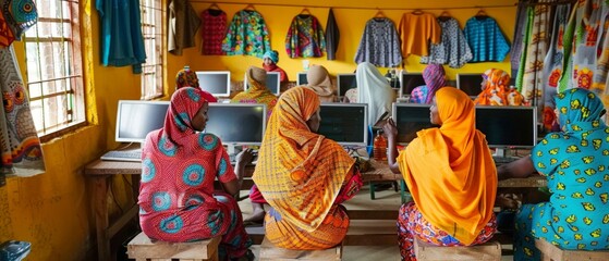 Fototapeta premium Classroom full of women in colorful clothing working at computer-filled desks. Yellow walls, colorful decor, natural light create a bright, cheerful atmosphere.