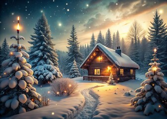 Fototapeta premium Vintage Christmas Scene with Snowfall, Cozy Cabin, and Warm Lights for Holiday Magic