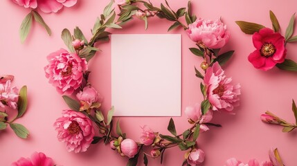 Obraz premium A stylish mockup template for Valentine s Day and Mother s Day showcasing a pink peony wreath and a blank square paper on a pink backdrop with ample copy space
