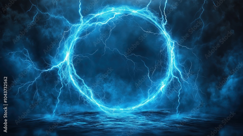 Poster Abstract blue lightning background with a striking circular frame at the center, creating a powerful and energetic visual impact. The high-resolution and ultra-realistic details of the lightning bolts