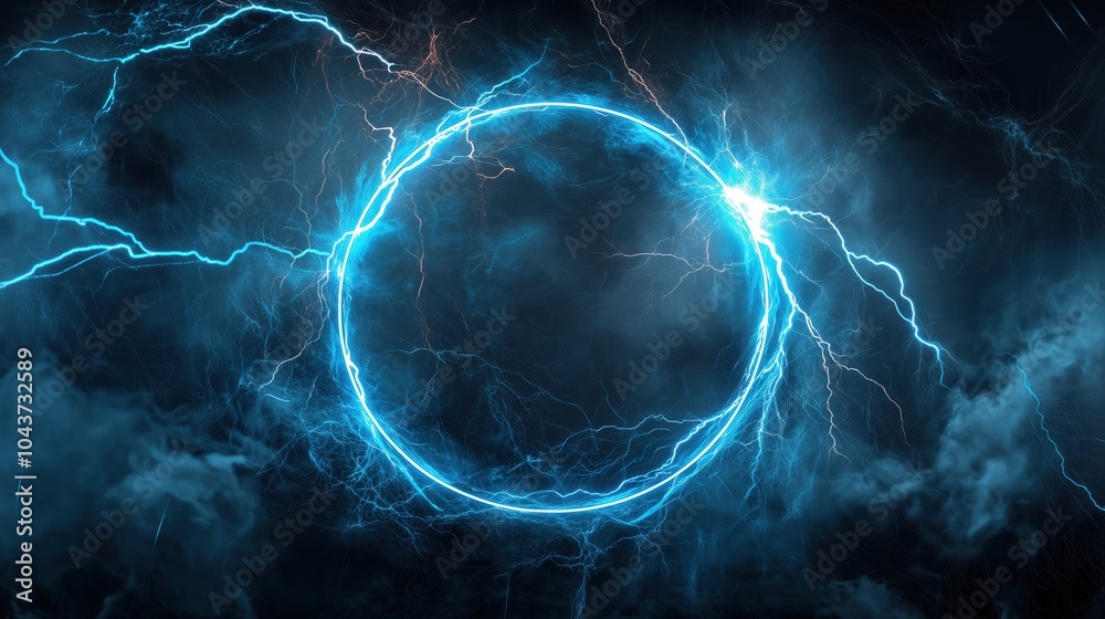 Poster Abstract blue lightning background with a striking circular frame at the center, creating a powerful and energetic visual impact. The high-resolution and ultra-realistic details of the lightning bolts