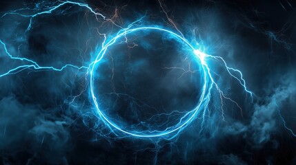 Abstract blue lightning background with a striking circular frame at the center, creating a powerful and energetic visual impact. The high-resolution and ultra-realistic details of the lightning bolts