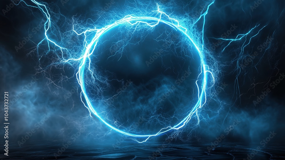 Poster Abstract blue lightning background with a striking circular frame at the center, creating a powerful and energetic visual impact. The high-resolution and ultra-realistic details of the lightning bolts
