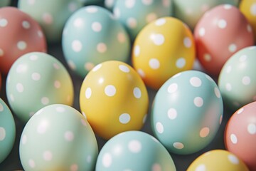 Obraz premium Colorful decorated Easter eggs arranged closely, showcasing vibrant patterns in a festive display suitable for spring celebrations