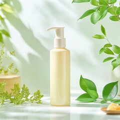 Bottle pump with a glossy finish, placed in a setting with fresh green leaves and natural light, symbolizing eco-conscious skincare