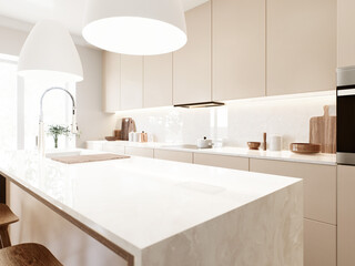 Modern minimalist kitchen. Beige glossy cabinets, large white quartz countertop