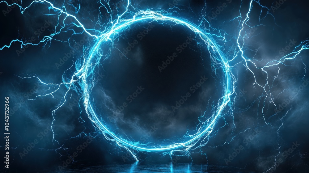 Poster Abstract blue lightning background with a striking circular frame at the center, creating a powerful and energetic visual impact. The high-resolution and ultra-realistic details of the lightning bolts
