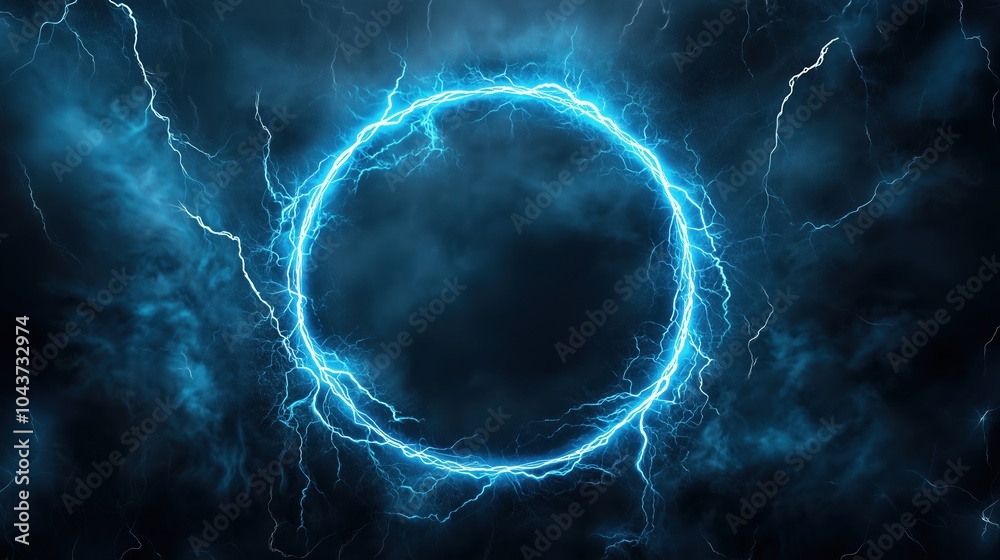 Aufkleber Abstract blue lightning background with a striking circular frame at the center, creating a powerful and energetic visual impact. The high-resolution and ultra-realistic details of the lightning bolts