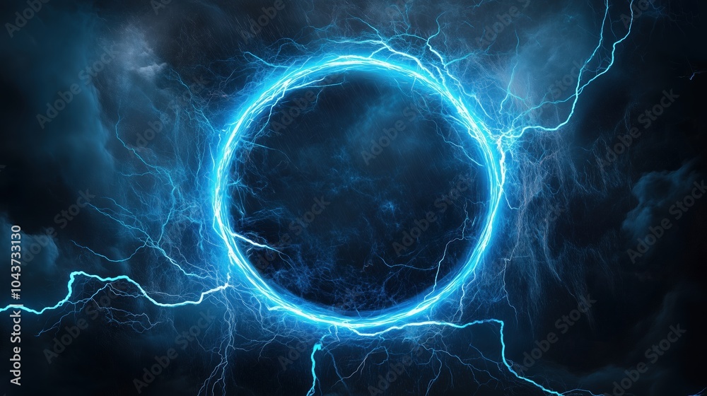 Poster Abstract blue lightning background with a striking circular frame at the center, creating a powerful and energetic visual impact. The high-resolution and ultra-realistic details of the lightning bolts