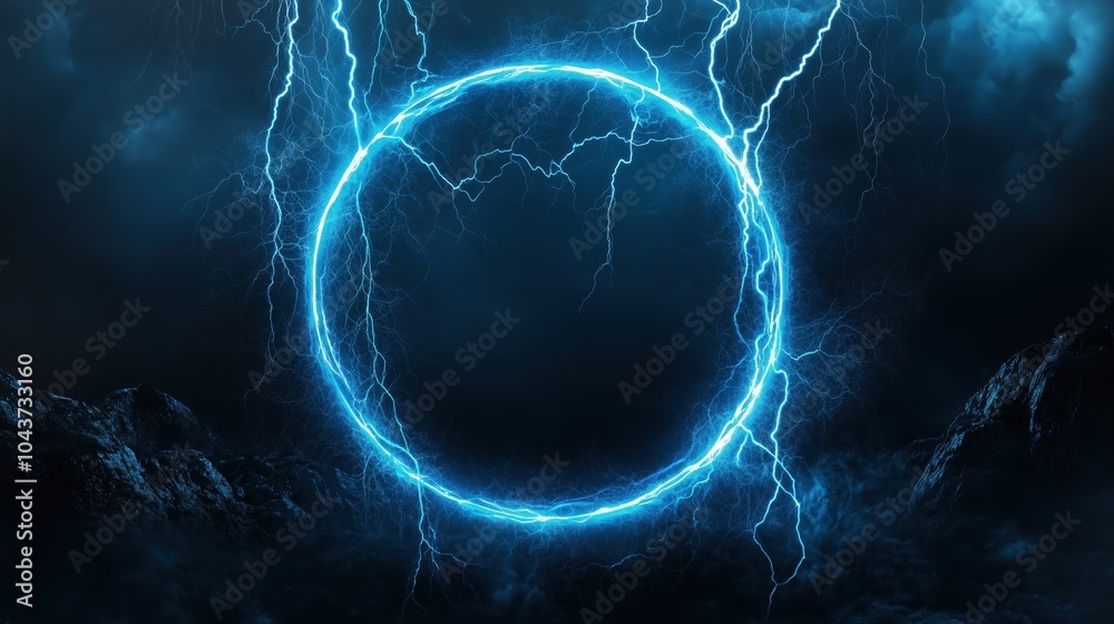 Poster Abstract blue lightning background with a striking circular frame at the center, creating a powerful and energetic visual impact. The high-resolution and ultra-realistic details of the lightning bolts
