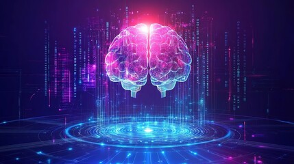 Big data and artificial intelligence concept. Human brain glowing from processor, symbolizing the fusion of human intelligence and machine learning capabilities. Evolution of technology of data 