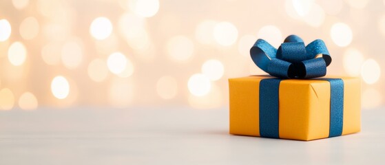 yellow gift box, blue ribbon