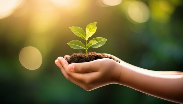 Kinderh&auml;nde halten eine junge Pflanze bei Sonnenschein und weichem Licht. Gr&uuml;ne Energie und Nachhaltigkeitshintergrund.