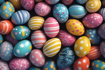 Fototapeta premium Colorful collection of decorated Easter eggs arranged together in various patterns and shades for a festive spring celebration