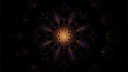 Mystical mandala design glowing in dark colors on a black background, artistic illustration, copy space