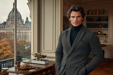 Fototapeta premium Man in a sophisticated turtleneck sweater standing in front of a historical European building exuding elegance timeless style and autumn urban chic with classic European architecture