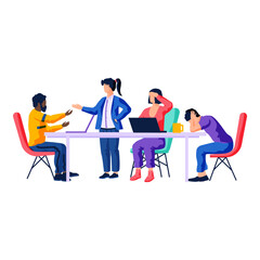 Fototapeta premium Business people communicate in office, solve complex problem. Colleagues together during work. Characters discussing tasks at workplace. Working meeting, communication, dialogue, conversation concept