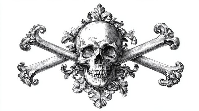 Tattoo design, Gothic elements, skull and crossbones, engraving, illustration. Black and white image on a white background