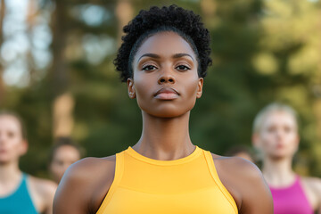 Diverse group of people participating in an outdoor fitness bootcamp, exercising on a sunny day, activity, group participation