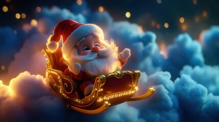 Obraz premium A cartoon character dressed as Santa Claus is riding a sleigh through the clouds