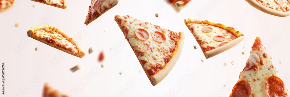 Poster numerous delicious pizza slices soar diagonally, forming an engaging backdrop while leaving space fo