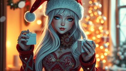 3D, Beautiful anime female in Santa outfit with gift box in festive glow